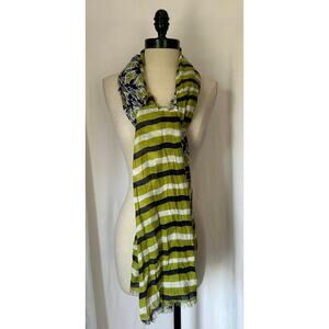 BANANA REPUBLIC Green Black Stripe Polyester Scarf  Rectangle Fringe Casual 72"